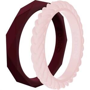 NEW QALO women's stackable silicone wedding ring set in maroon blush